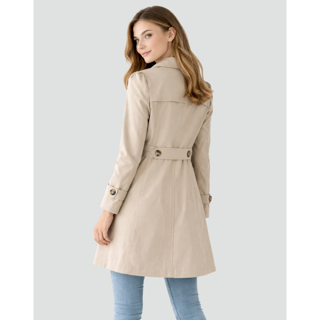 Woman wearing the Rosemary women's slim-fit collared lightweight trench coat, back view