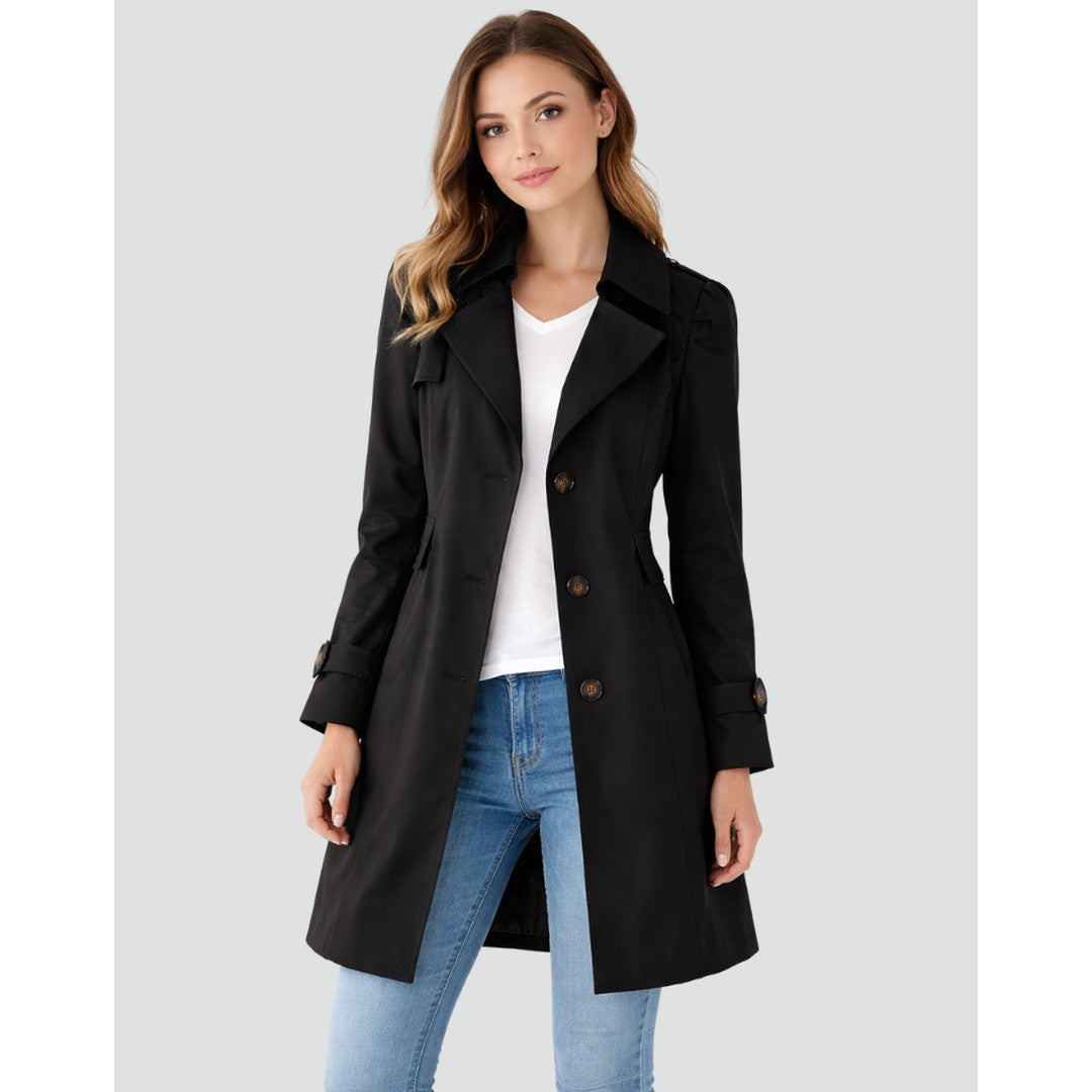 Woman wearing the Rosemary women's slim-fit collared lightweight trench coat, detail view
