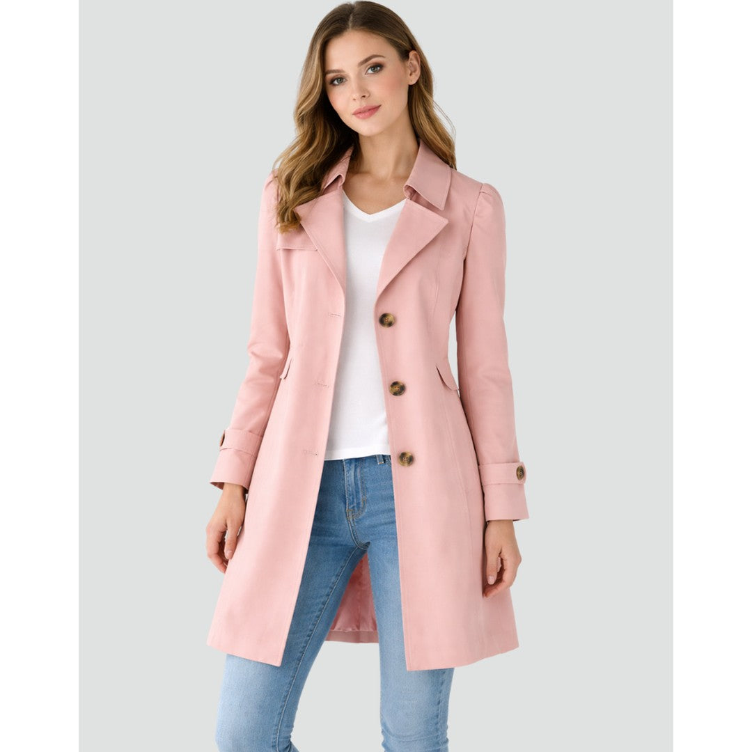 Woman wearing the Rosemary women's slim-fit collared lightweight trench coat, flatlay view