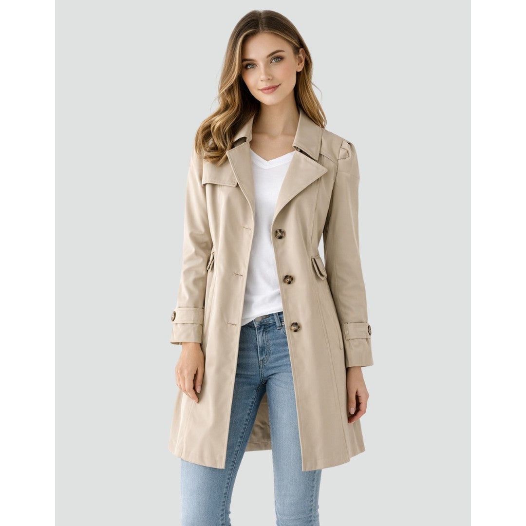Woman wearing the Rosemary women's slim-fit collared lightweight trench coat, front view