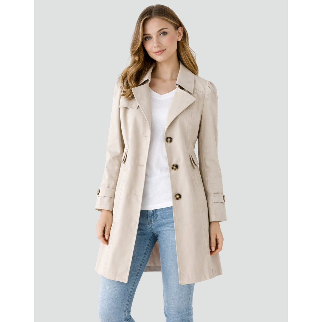 Woman wearing the Rosemary women's slim-fit collared lightweight trench coat, model view