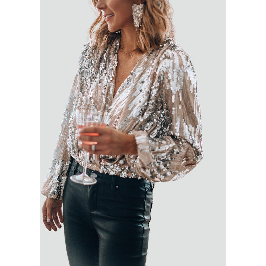 Woman wearing the Rowena women's long-sleeve blouse, front view