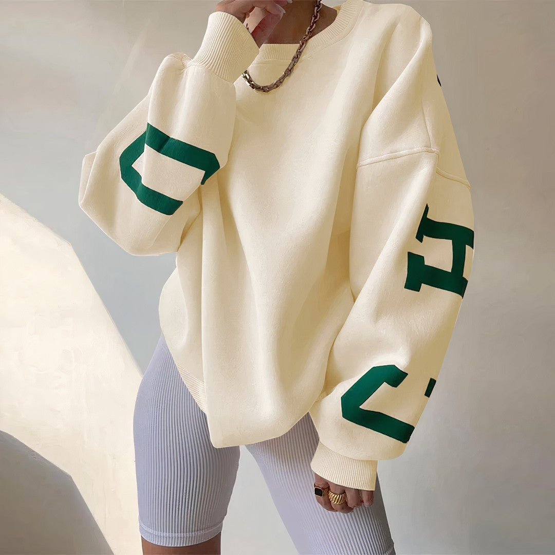 Woman wearing the Roxana women's crewneck long-sleeve sweatshirt, flatlay view
