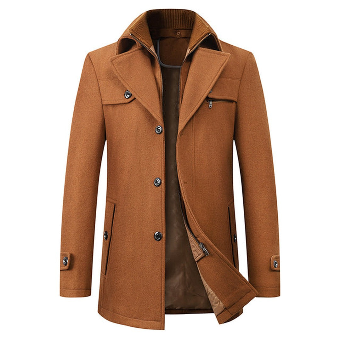 Man wearing the Rupert men's elegant coat, side view