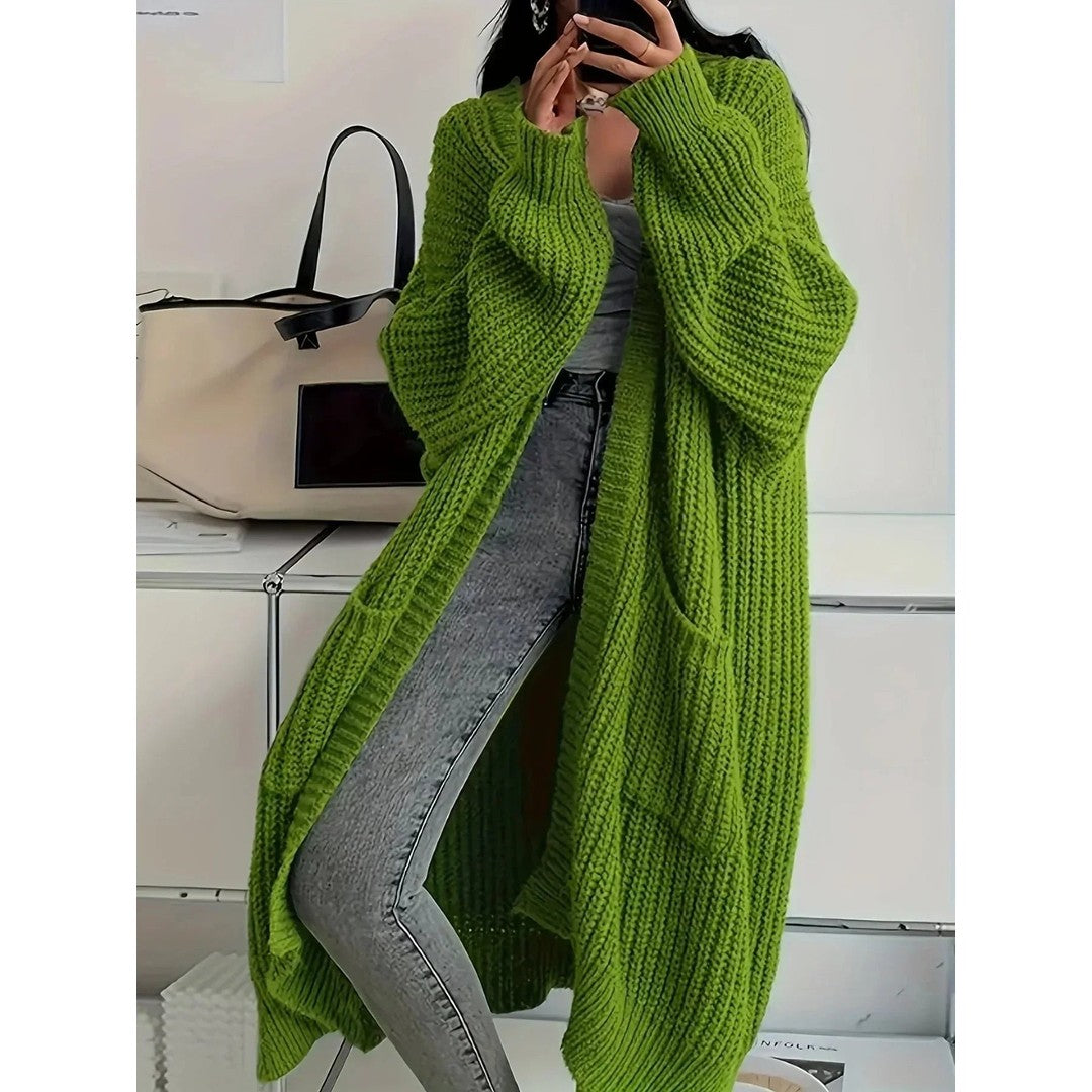 Woman wearing the Samantha women's oversized cardigan, back view