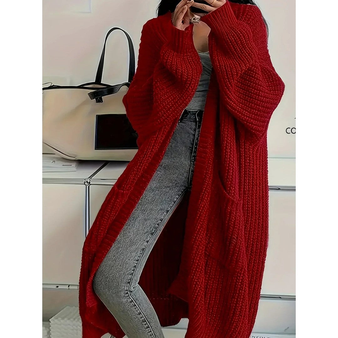 Woman wearing the Samantha women's oversized cardigan, detail view