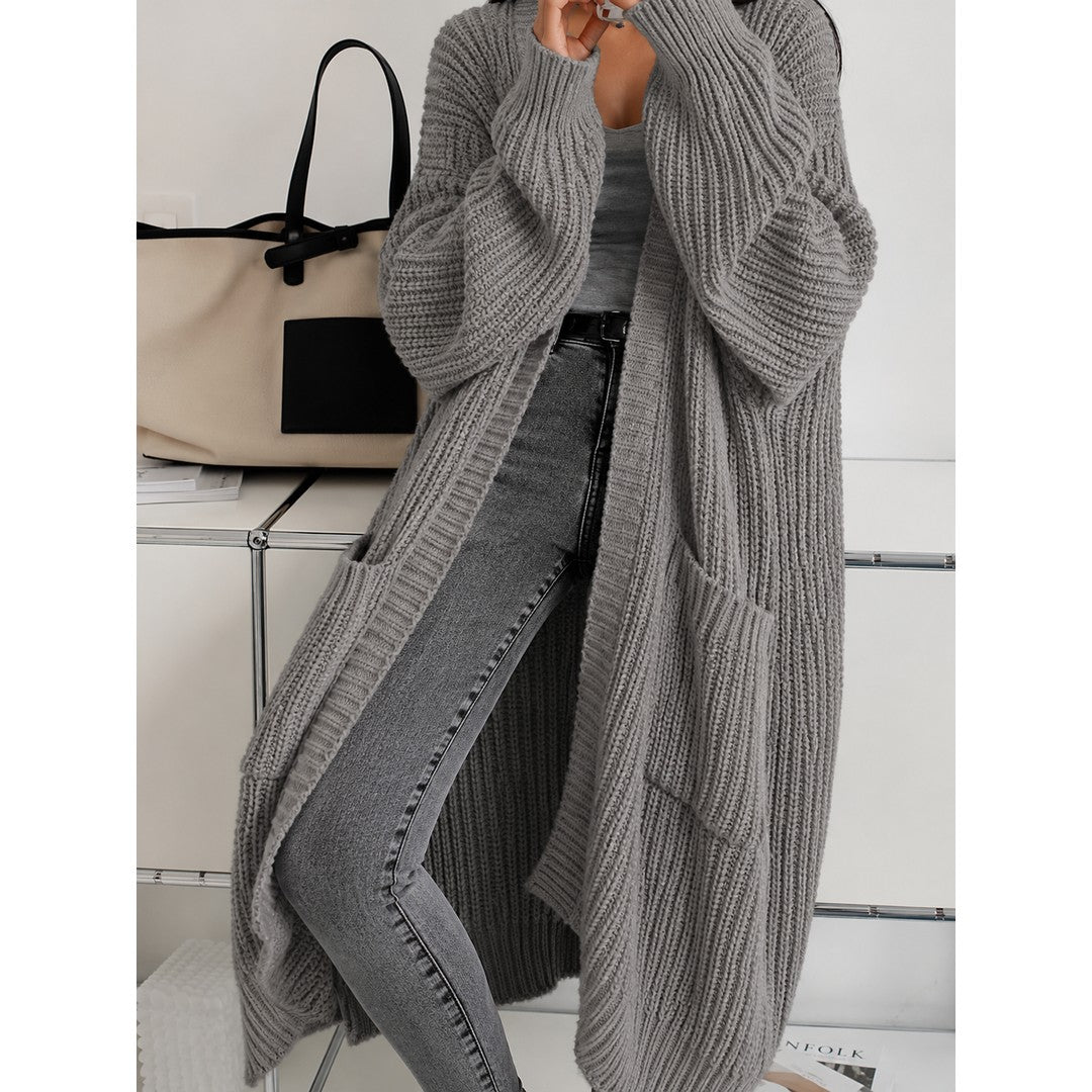 Woman wearing the Samantha women's oversized cardigan, flatlay view