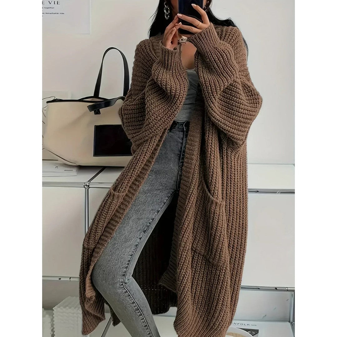 Woman wearing the Samantha women's oversized cardigan, front view