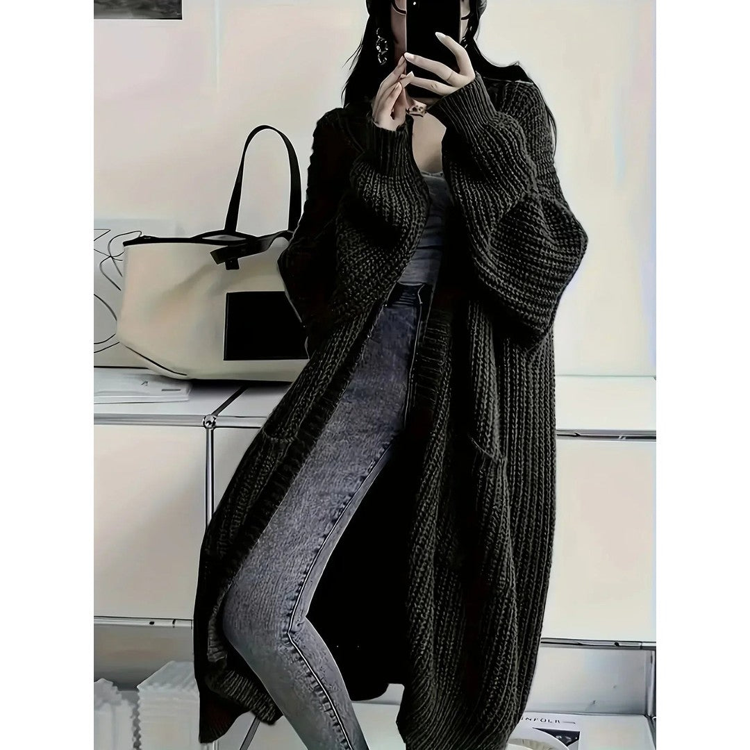 Woman wearing the Samantha women's oversized cardigan, side view