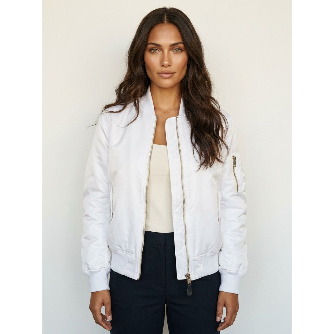 Woman wearing the Saoirse women's bomber jacket, 15 view