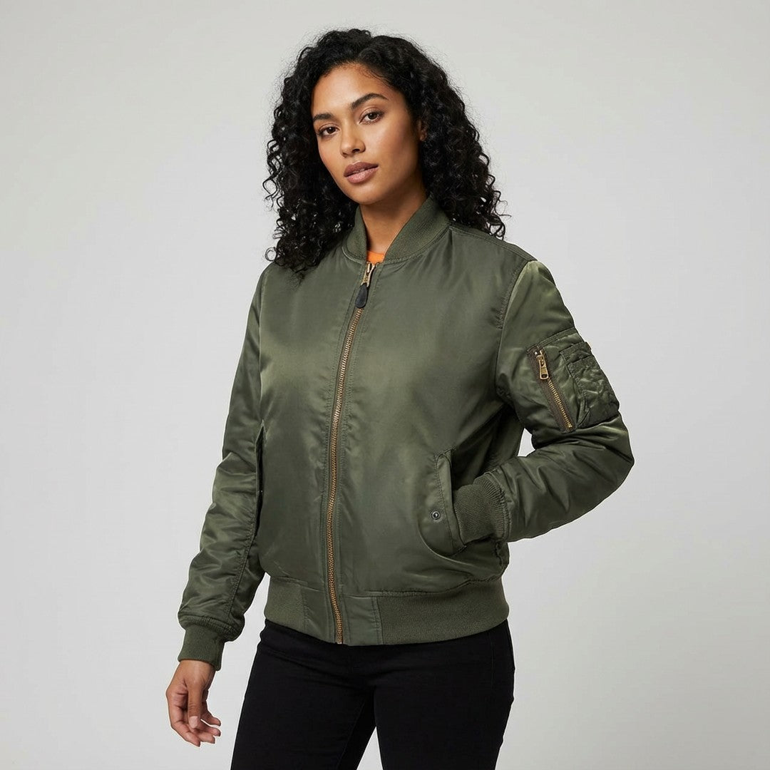 Woman wearing the Saoirse women's bomber jacket, 16 view