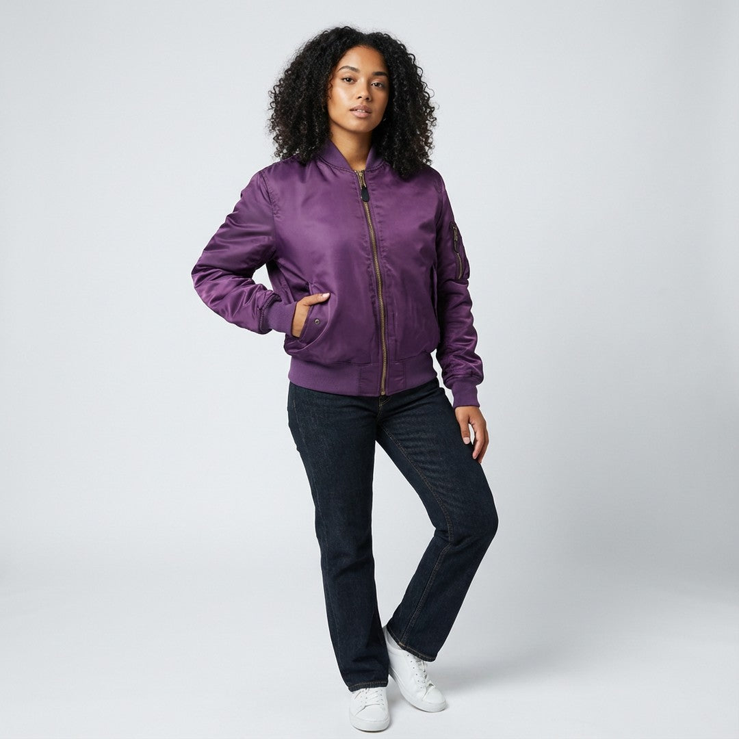 Woman wearing the Saoirse women's bomber jacket, 7 view