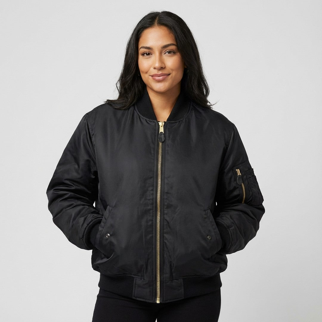 Woman wearing the Saoirse women's bomber jacket, 9 view