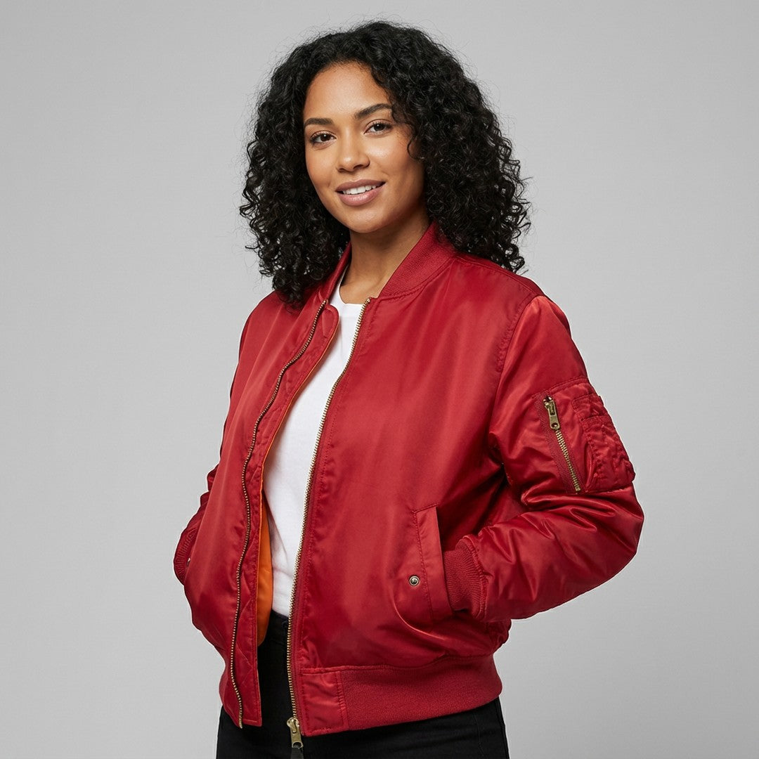 Woman wearing the Saoirse women's bomber jacket, front view