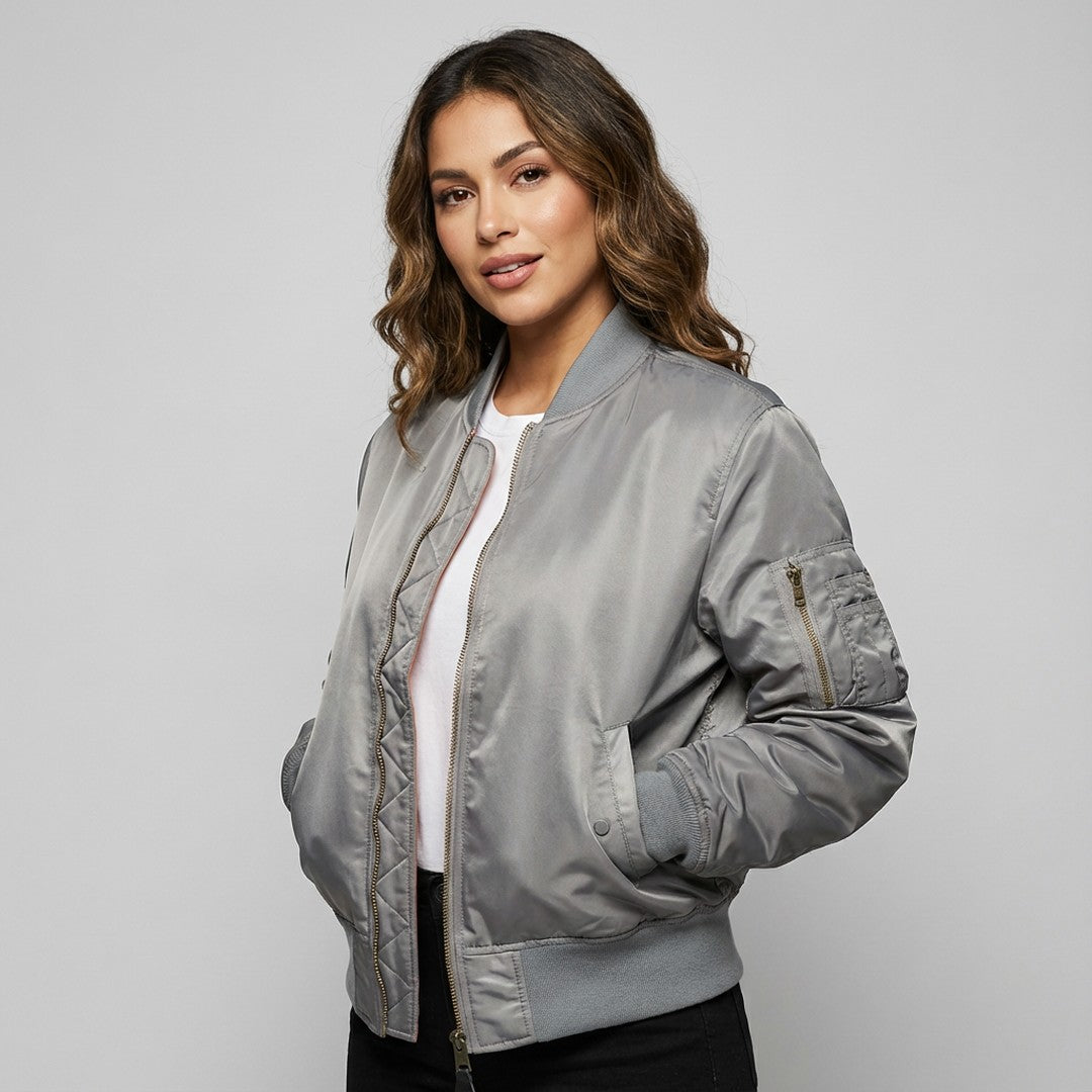 Woman wearing the Saoirse women's bomber jacket, model view