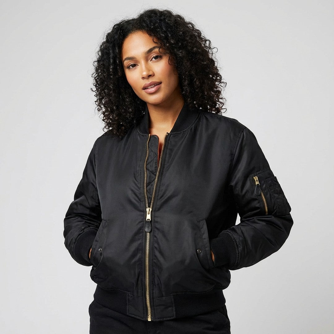 Woman wearing the Saoirse women's bomber jacket, side view