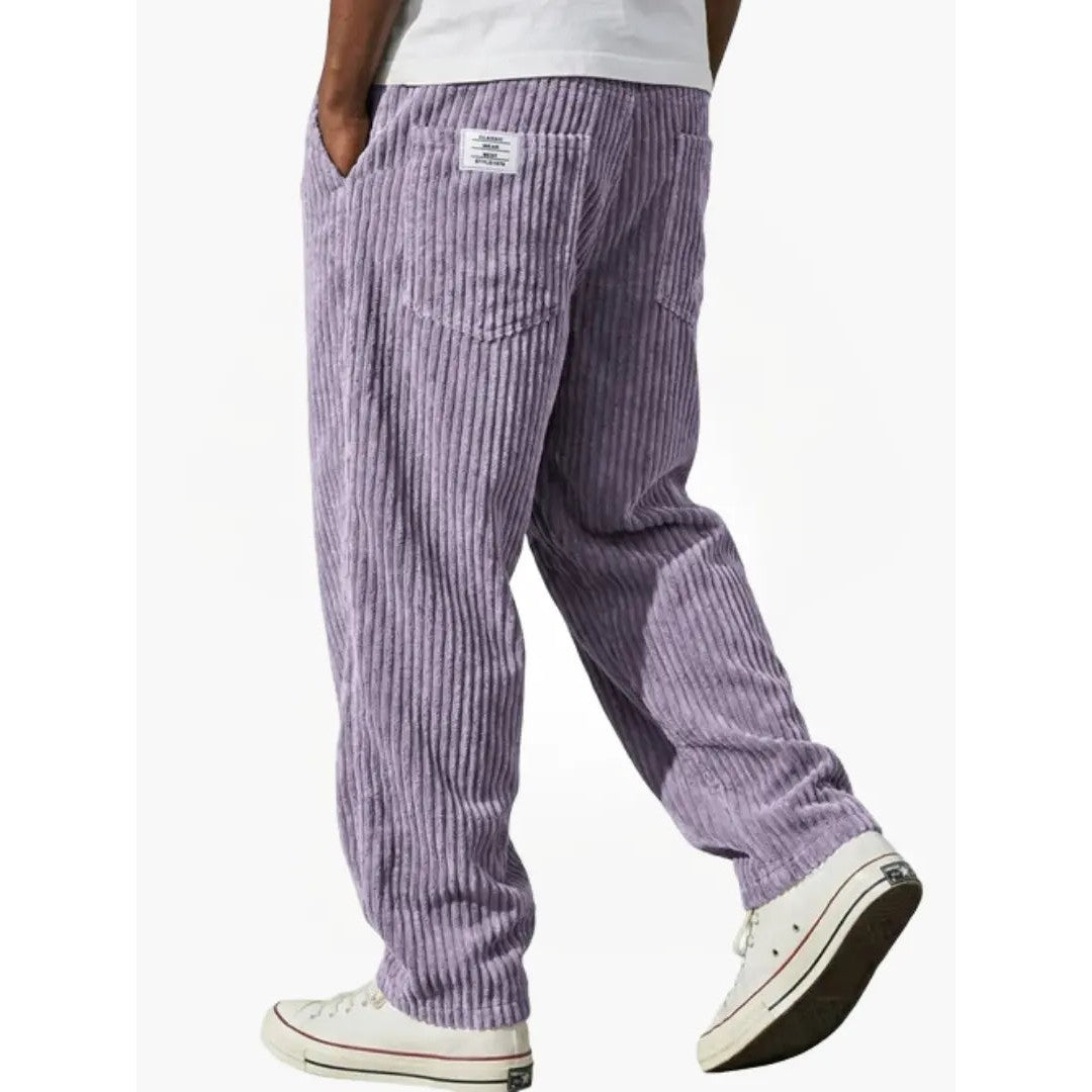 Man wearing the Sawyer men's relaxed corduroy drawstring pants, 10 view