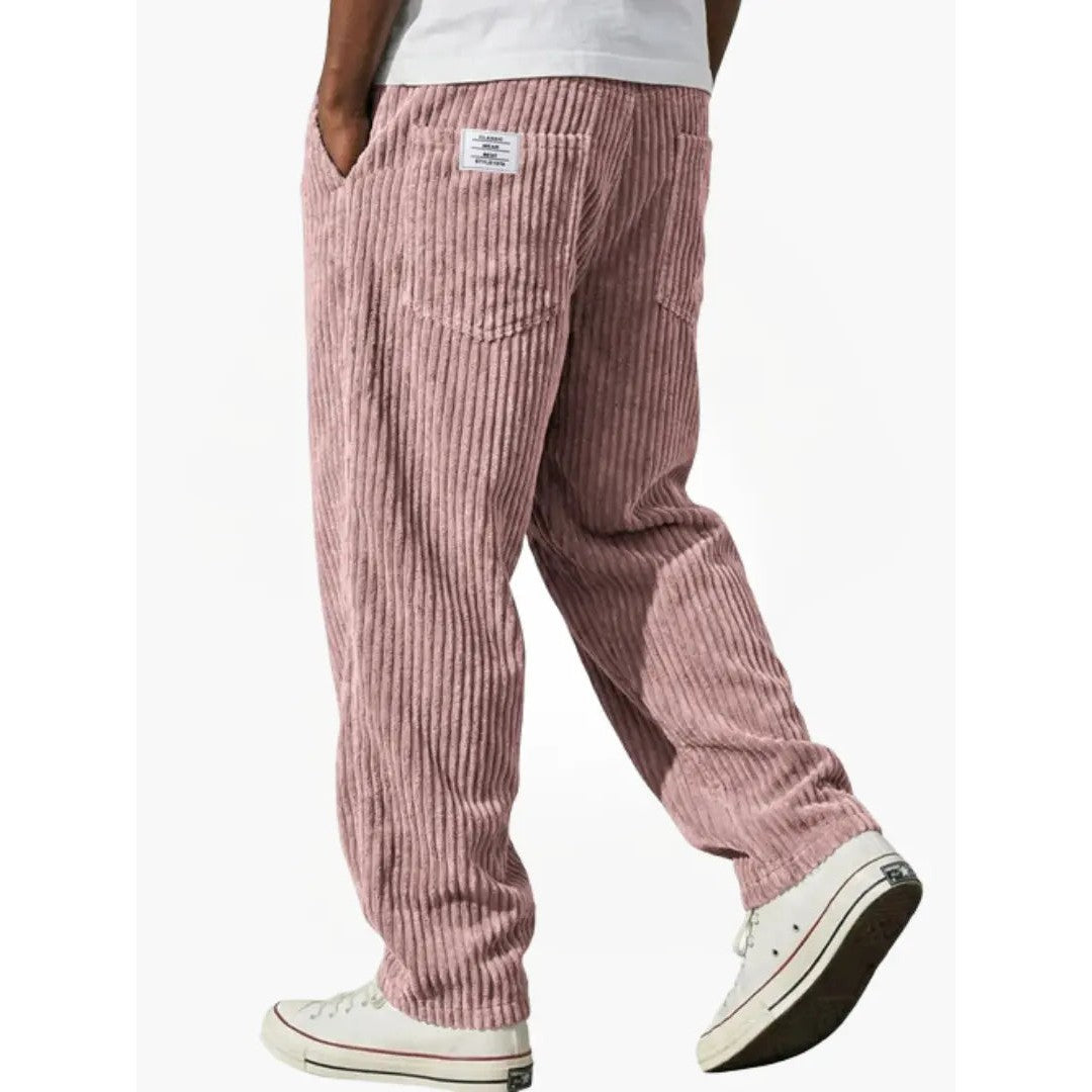 Man wearing the Sawyer men's relaxed corduroy drawstring pants, 12 view