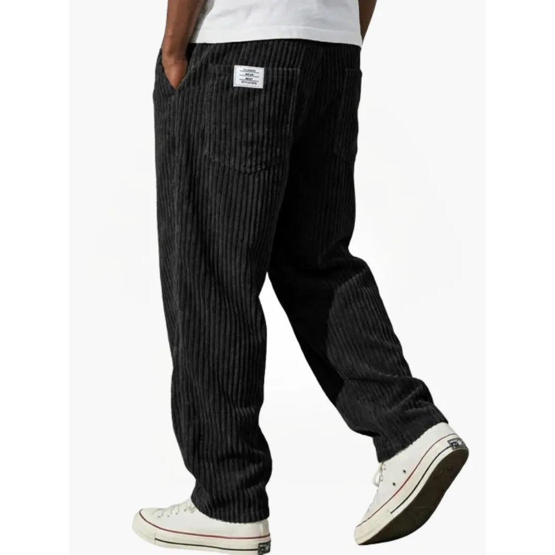 Man wearing the Sawyer men's relaxed corduroy drawstring pants, 7 view