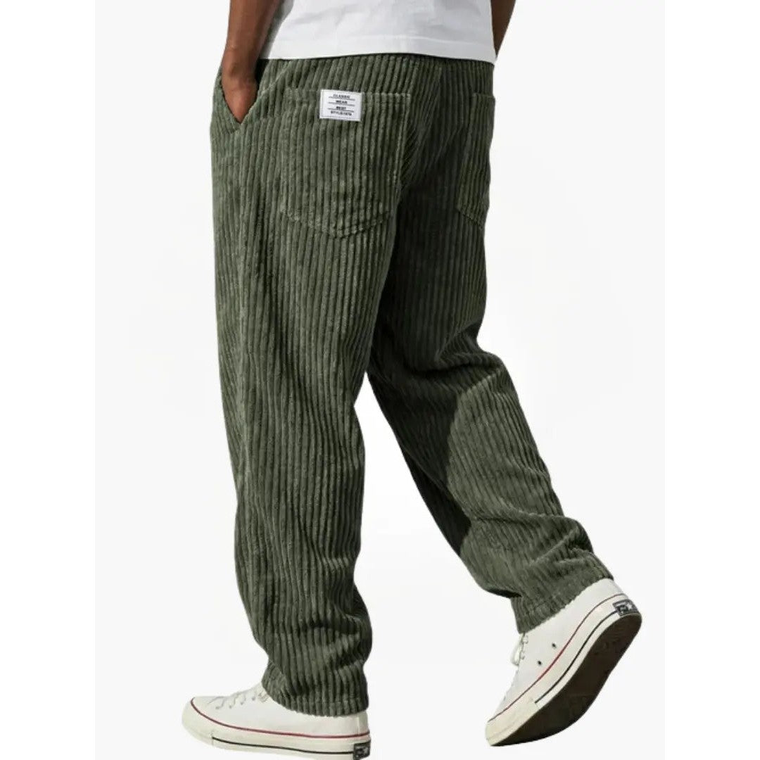 Man wearing the Sawyer men's relaxed corduroy drawstring pants, 8 view