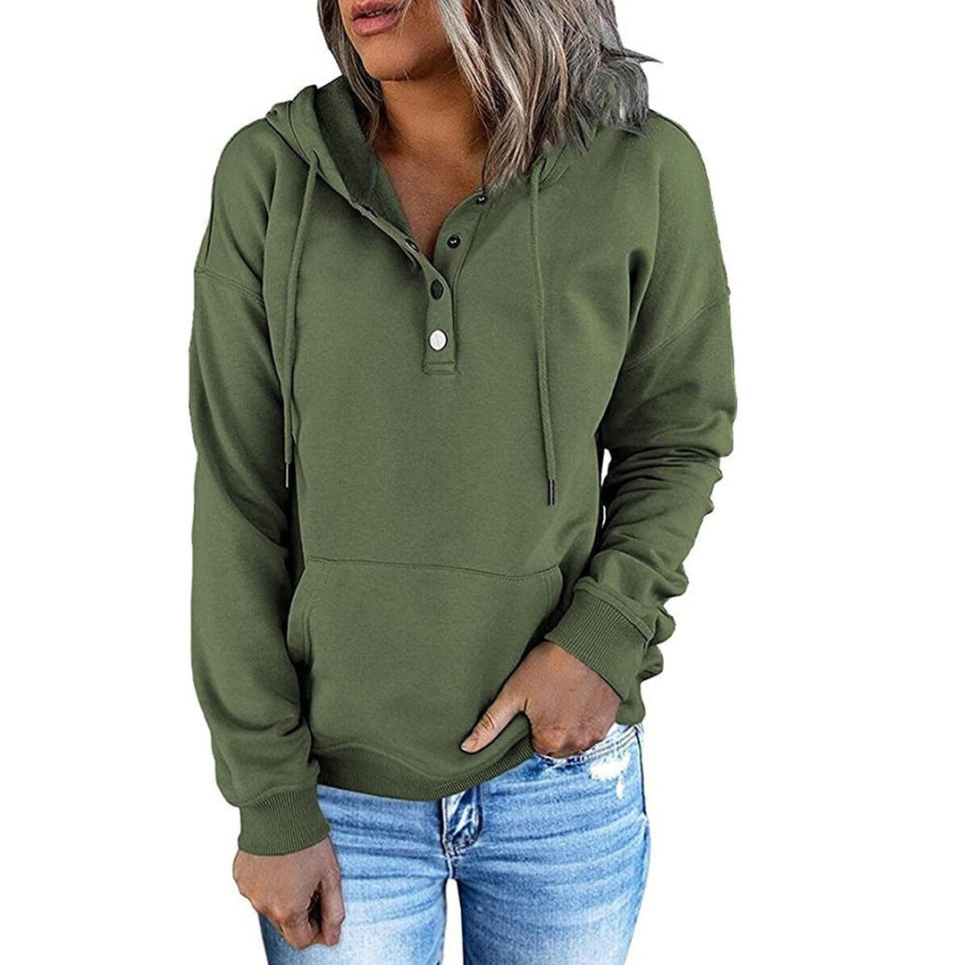 Woman wearing the Seraphina women's button-up hoodie, 8 view