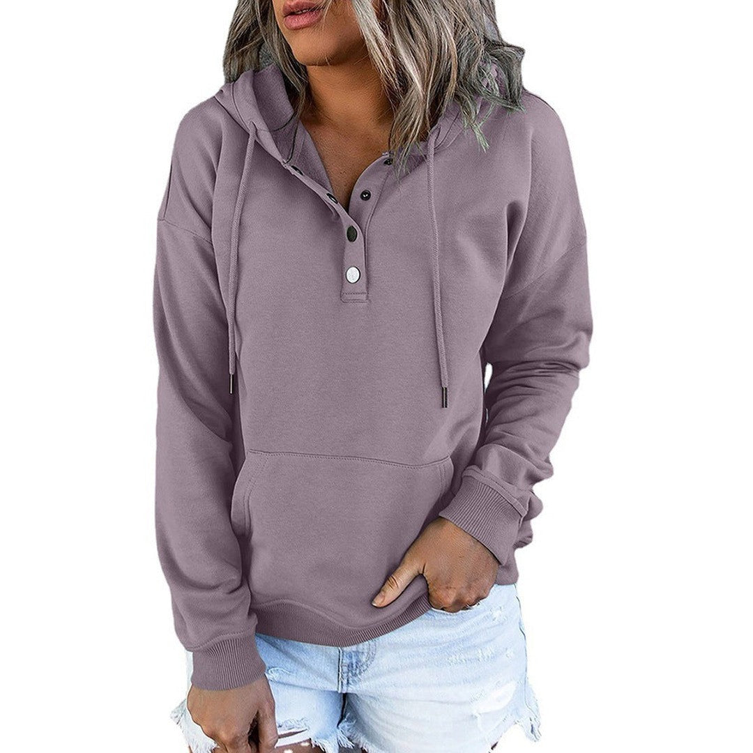 Woman wearing the Seraphina women's button-up hoodie, detail view