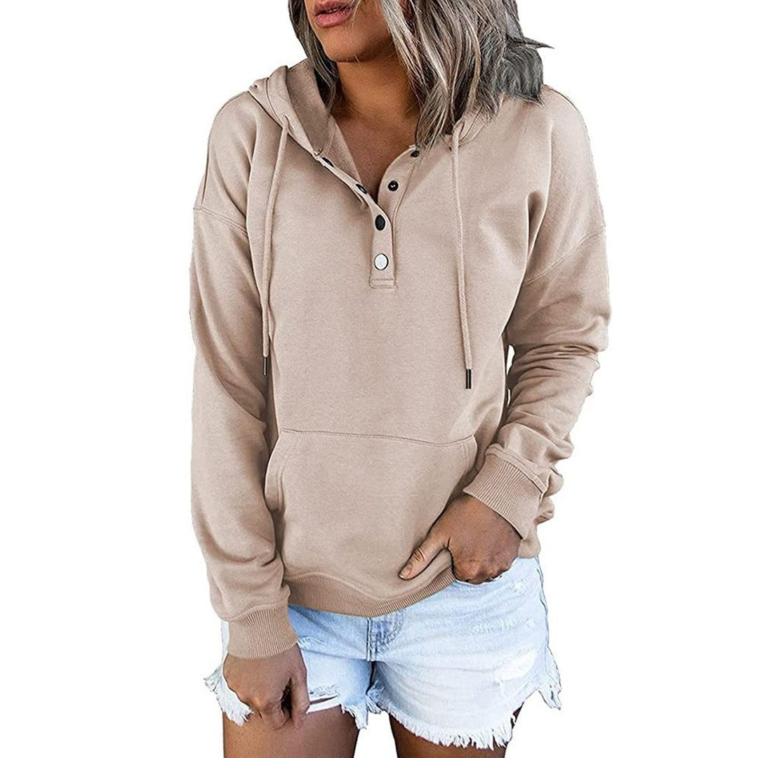 Woman wearing the Seraphina women's button-up hoodie, flatlay view
