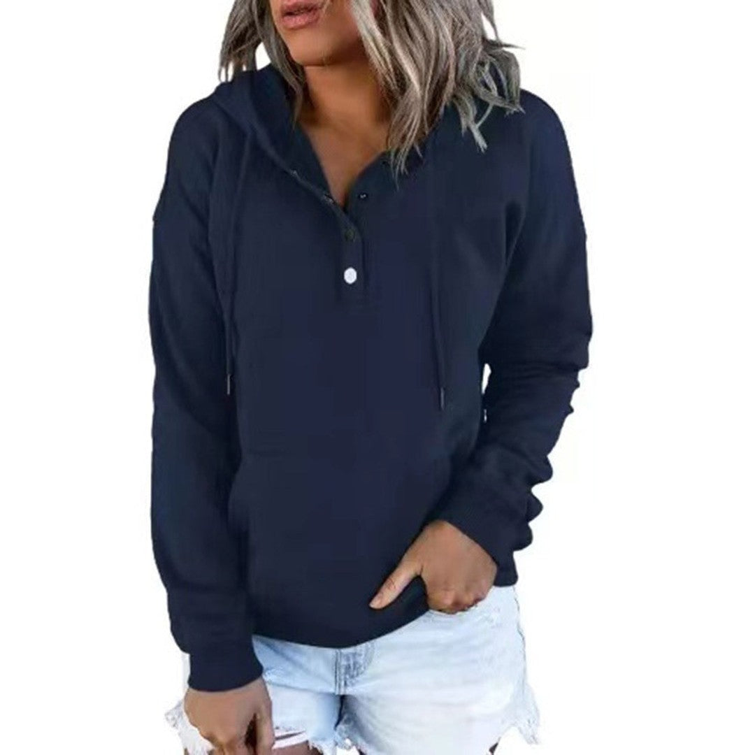 Woman wearing the Seraphina women's button-up hoodie, model view
