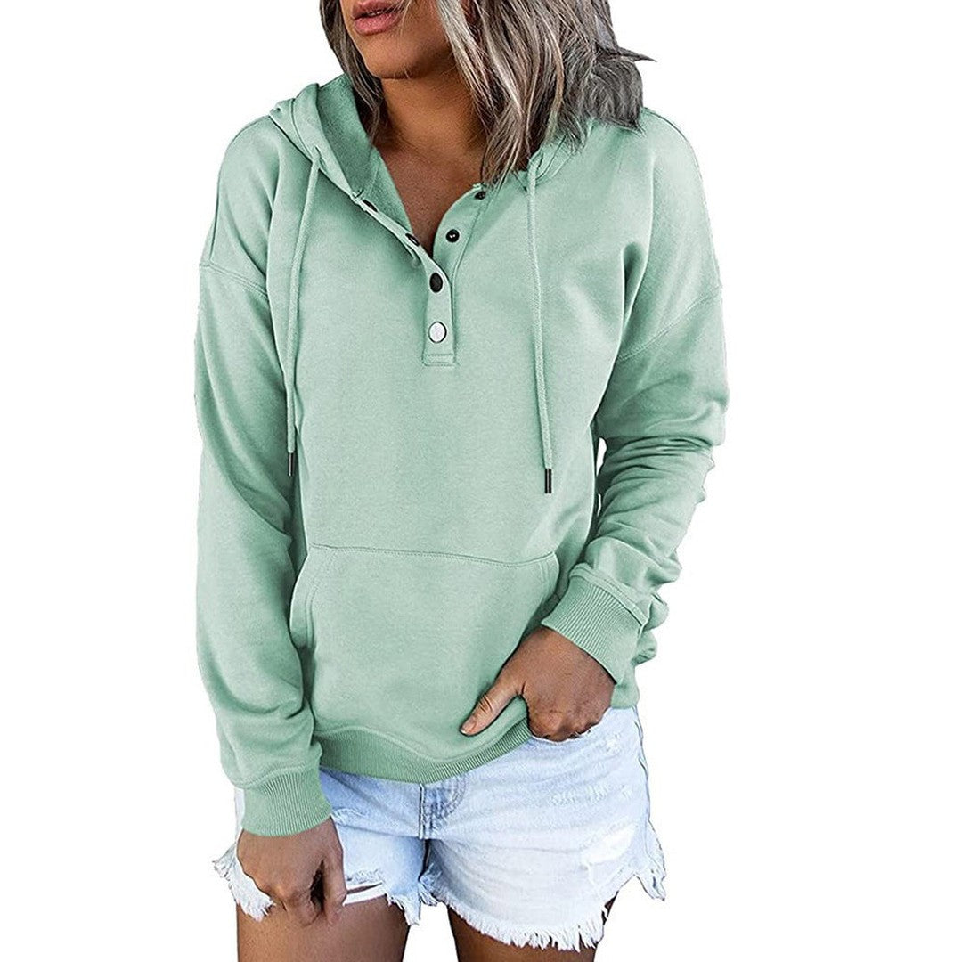 Woman wearing the Seraphina women's button-up hoodie, side view