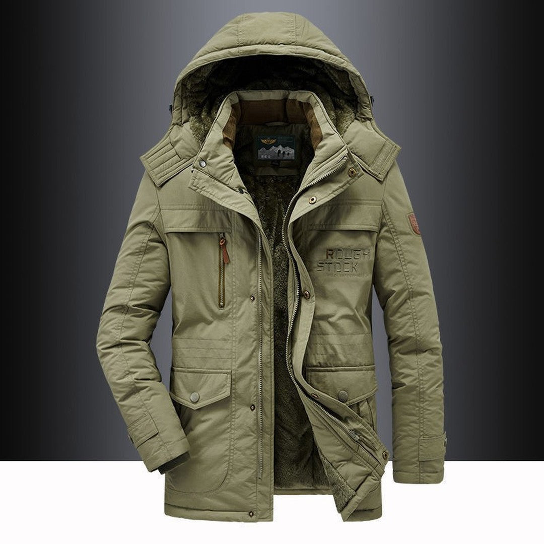 Man wearing the Seth men's hooded jacket, back view
