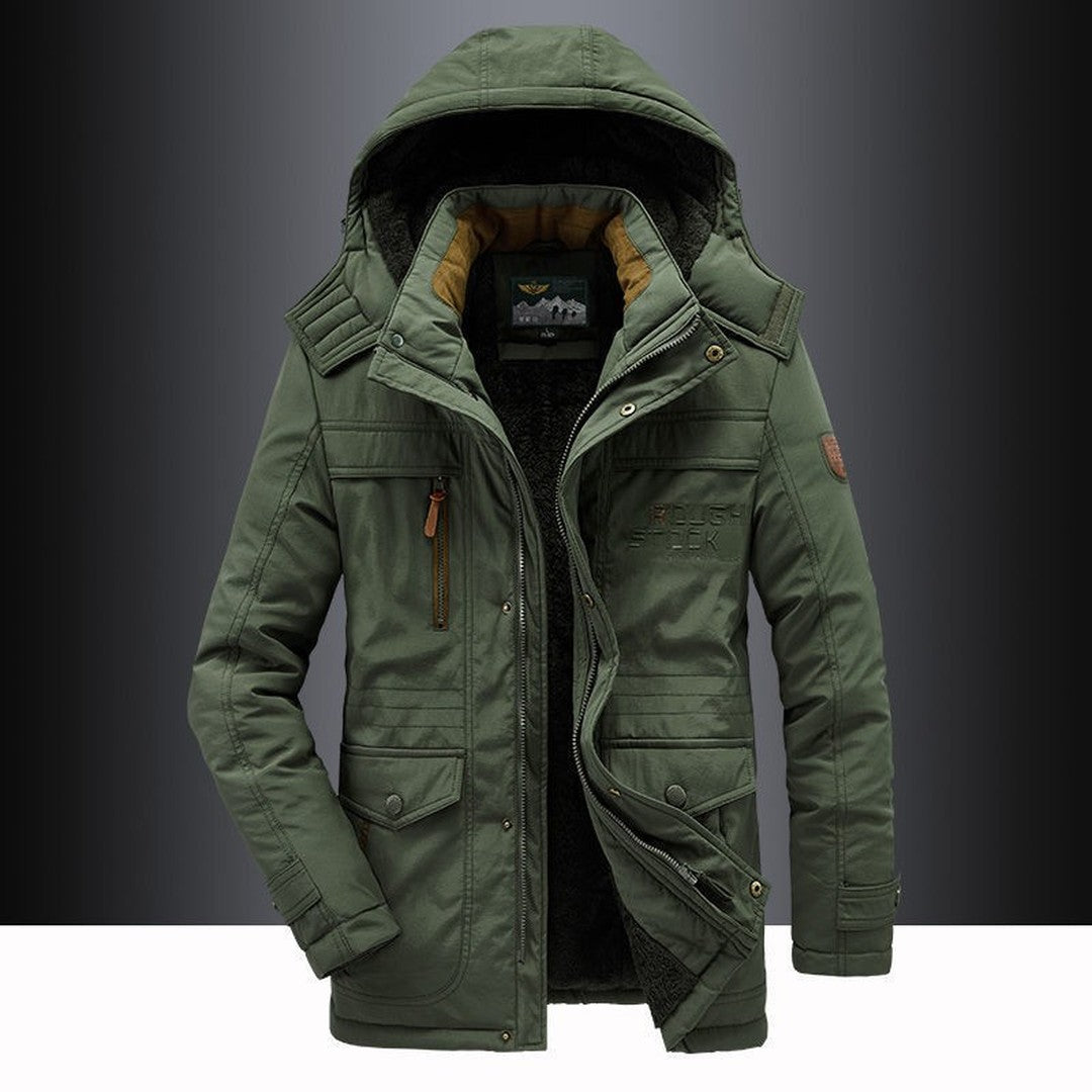 Man wearing the Seth men's hooded jacket, detail view