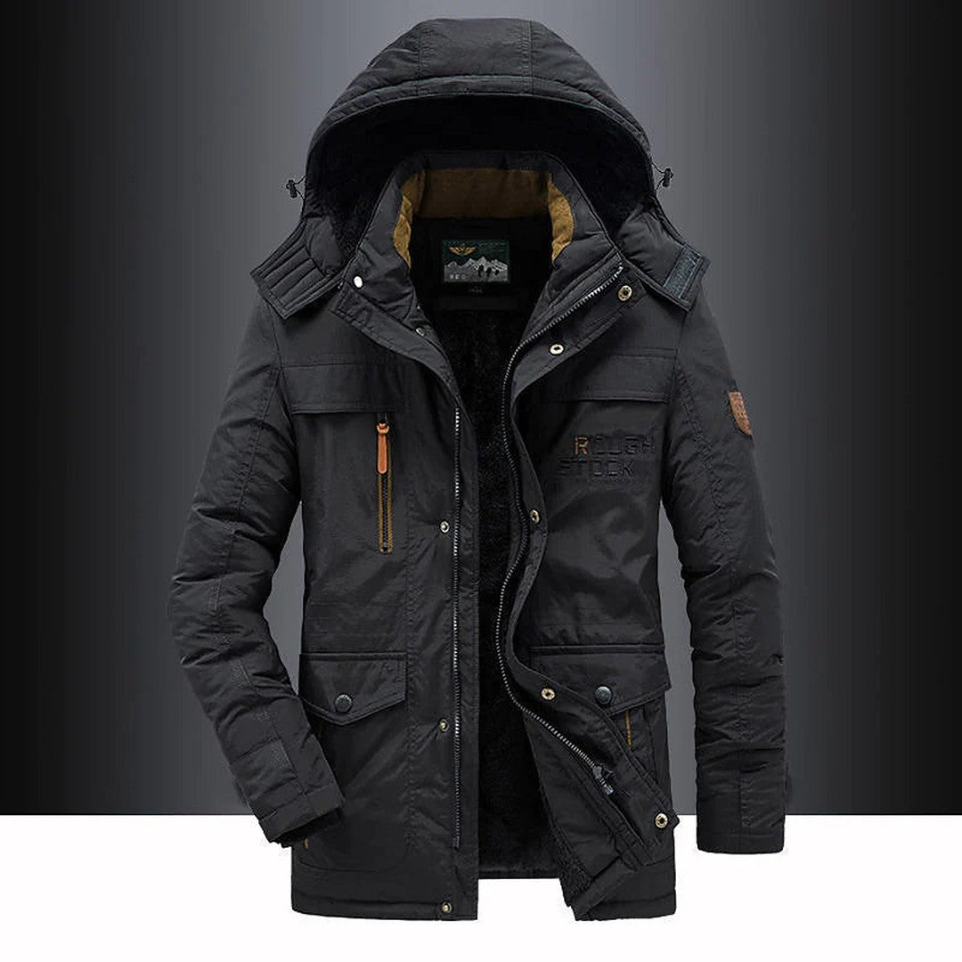 Man wearing the Seth men's hooded jacket, front view