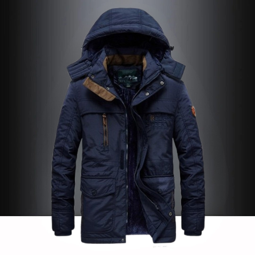 Man wearing the Seth men's hooded jacket, side view