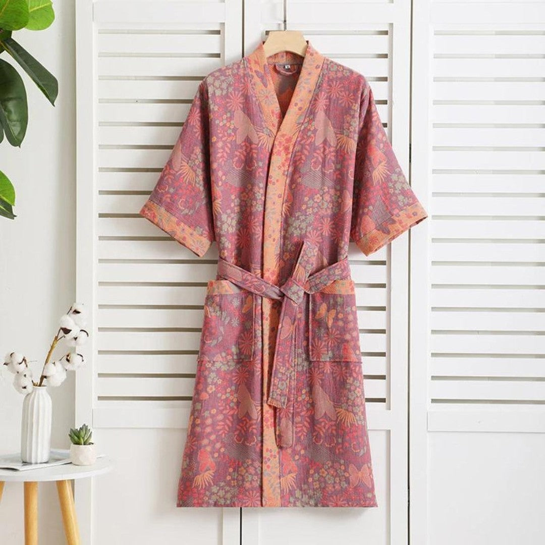 Woman wearing the Sidonie women's cotton vintage bathrobe, front view
