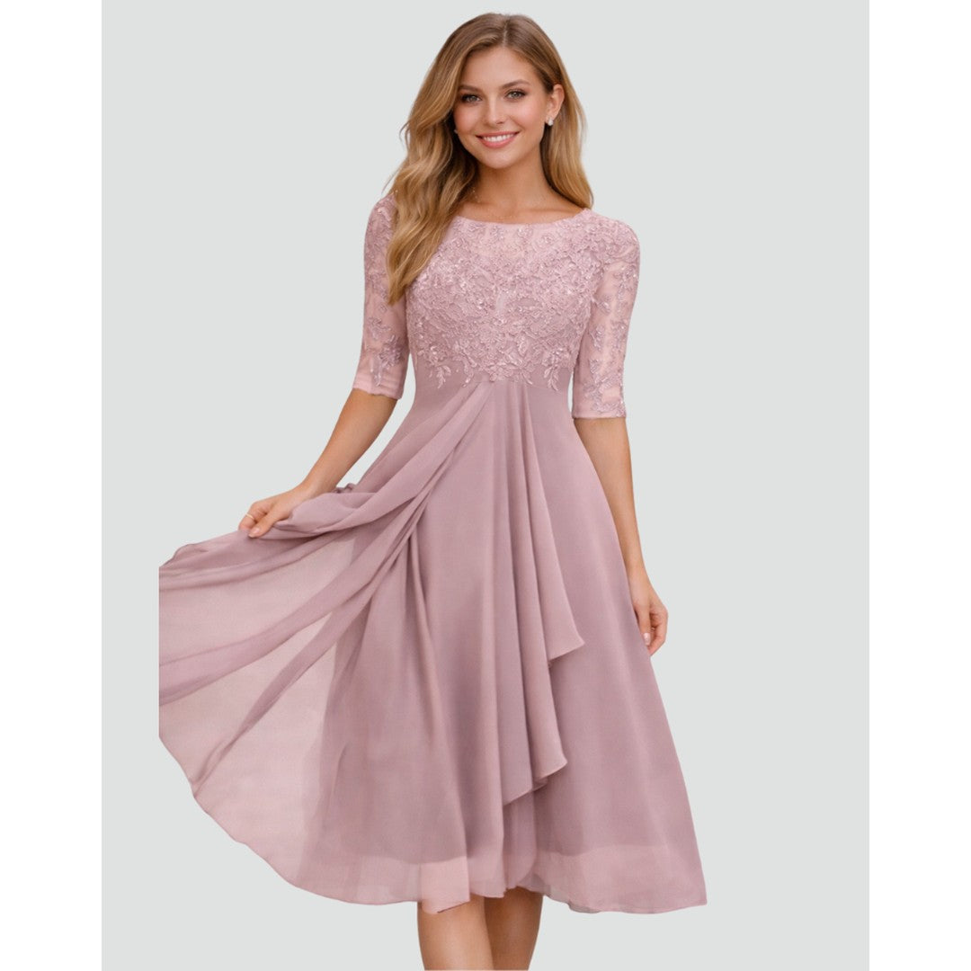 Woman wearing the Sloane women's midi lace elegant dress, 8 view