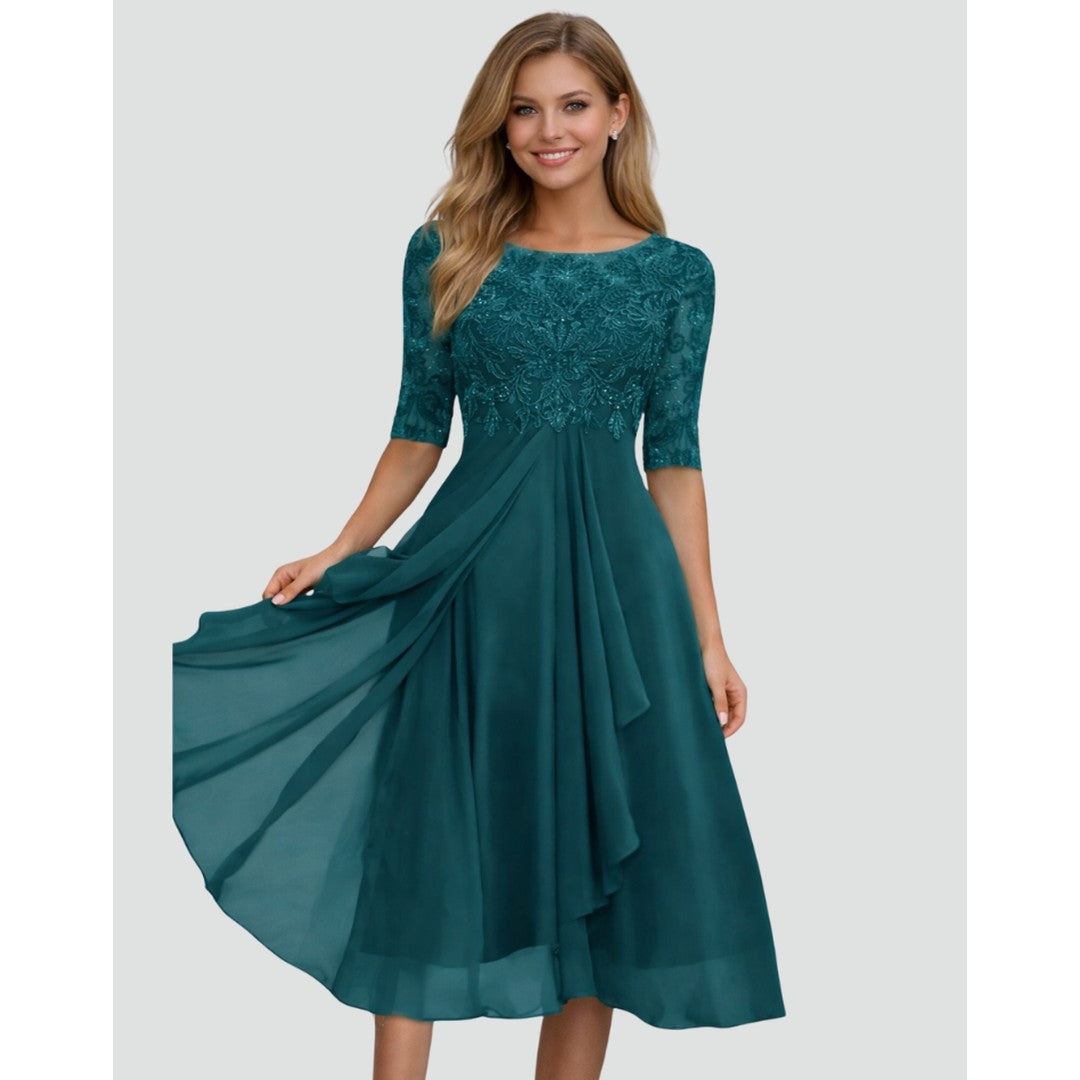 Woman wearing the Sloane women's midi lace elegant dress, flatlay view
