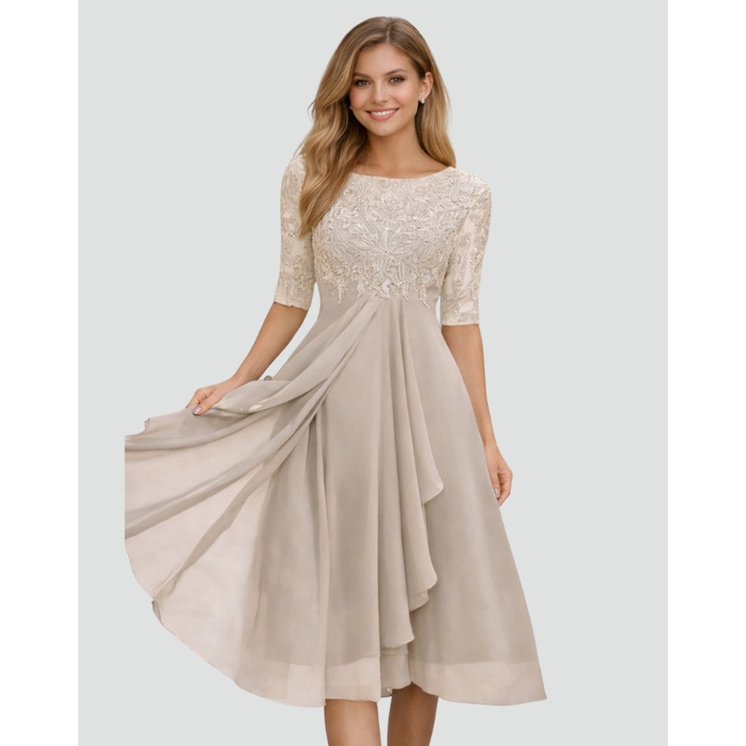 Woman wearing the Sloane women's midi lace elegant dress, front view