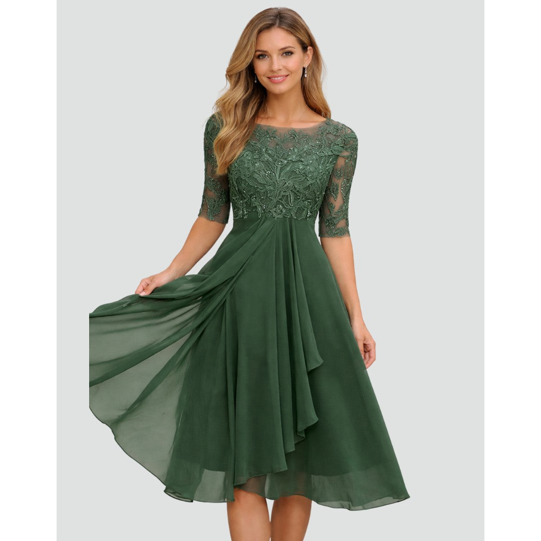 Woman wearing the Sloane women's midi lace elegant dress, side view
