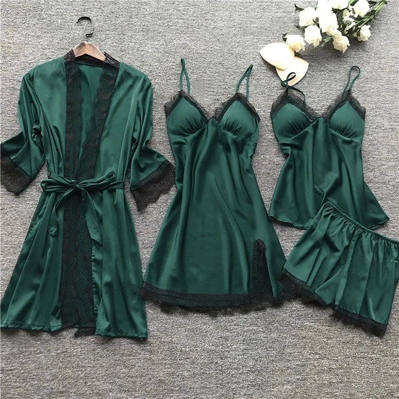 Two-piece satin pajama set with lace trim - product photo 1