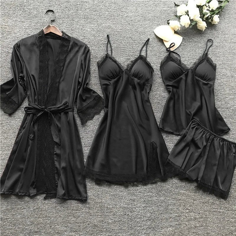 Two-piece satin pajama set with lace trim - product photo 2