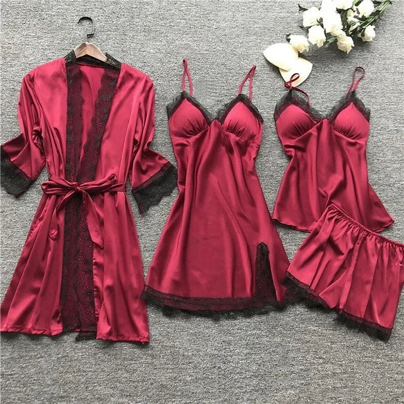 Two-piece satin pajama set with lace trim - product photo 3