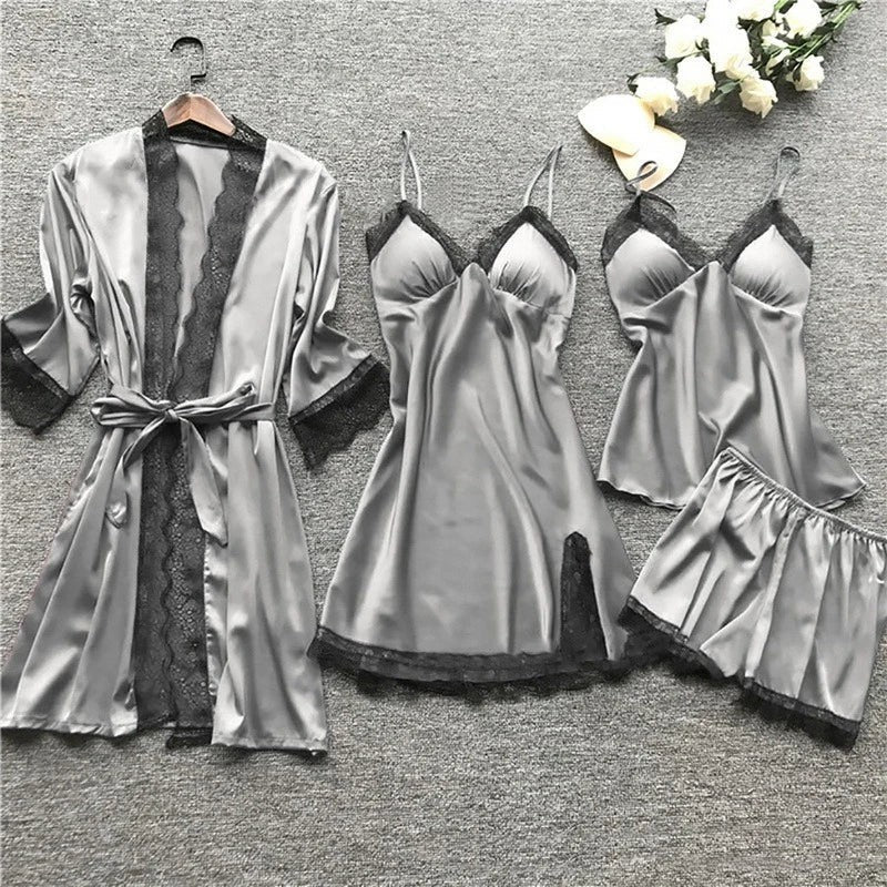 Two-piece satin pajama set with lace trim - product photo 4