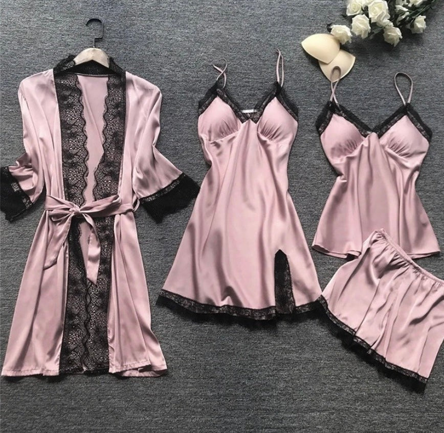 Two-piece satin pajama set with lace trim - product photo 5