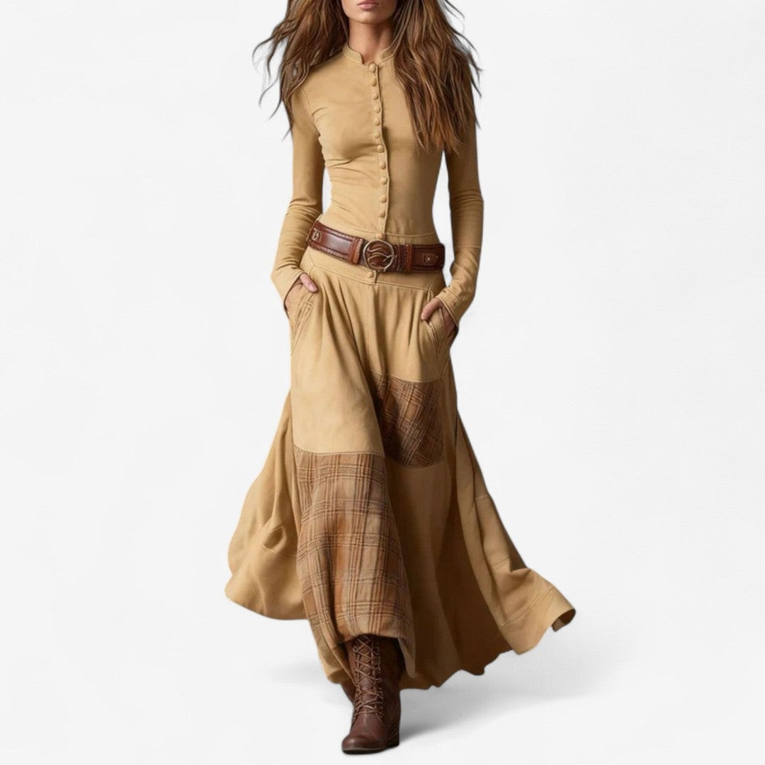 Woman wearing the Sorrel women's suede dress, flatlay view