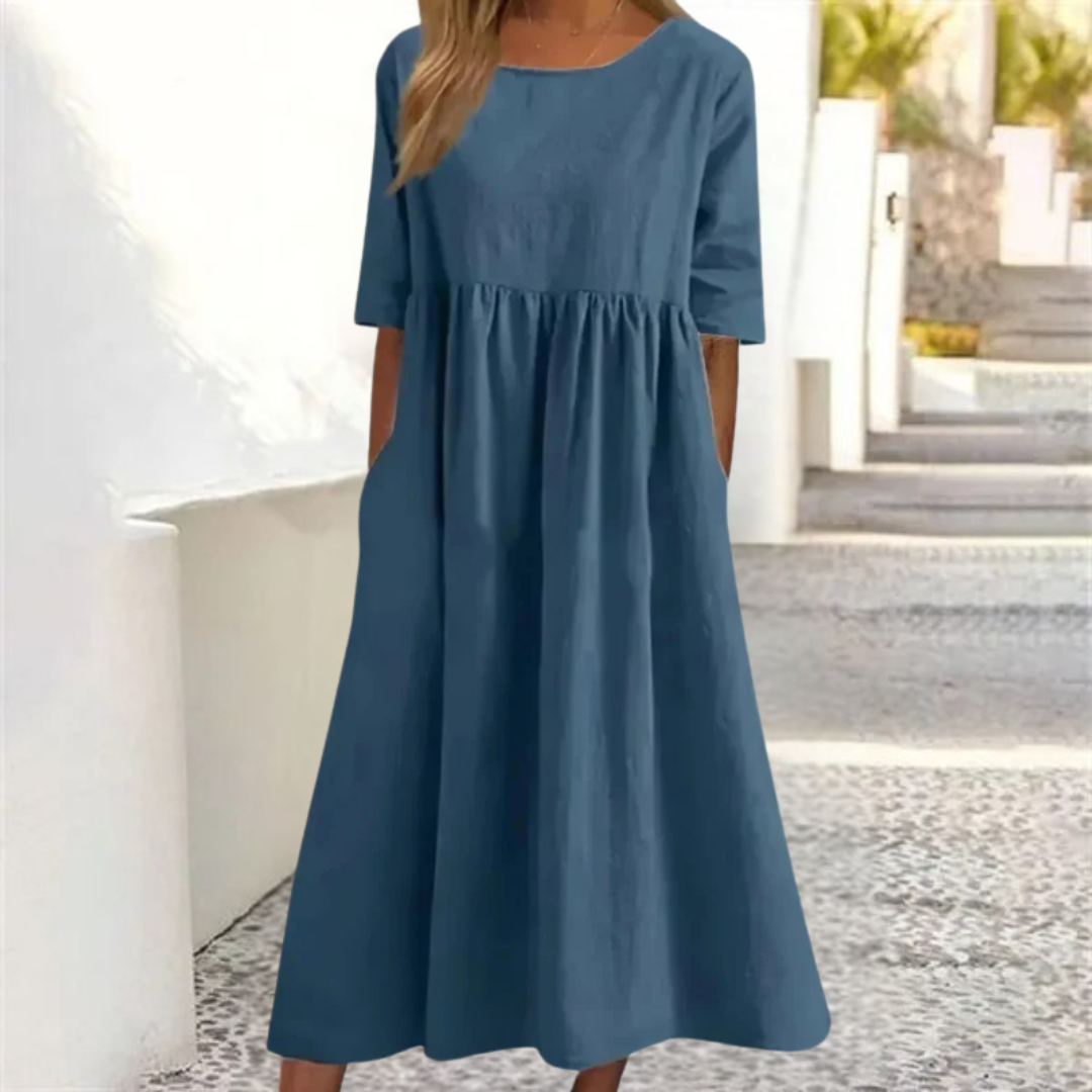 Isla | Women's Round Neck A-Line Midi Dress With Pockets