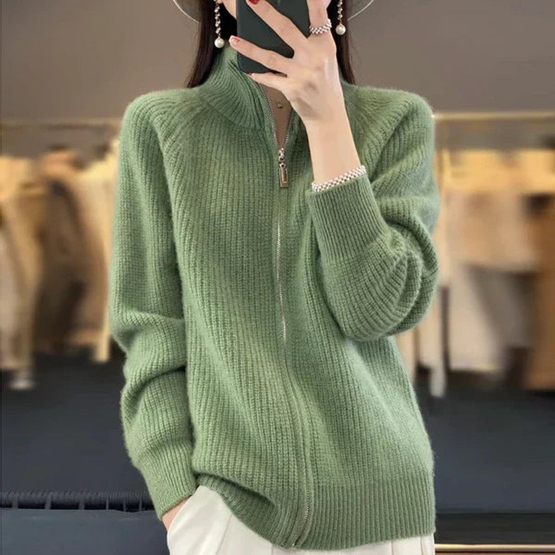 Woman wearing the Sverre women's collared zip-up cardigan, front view