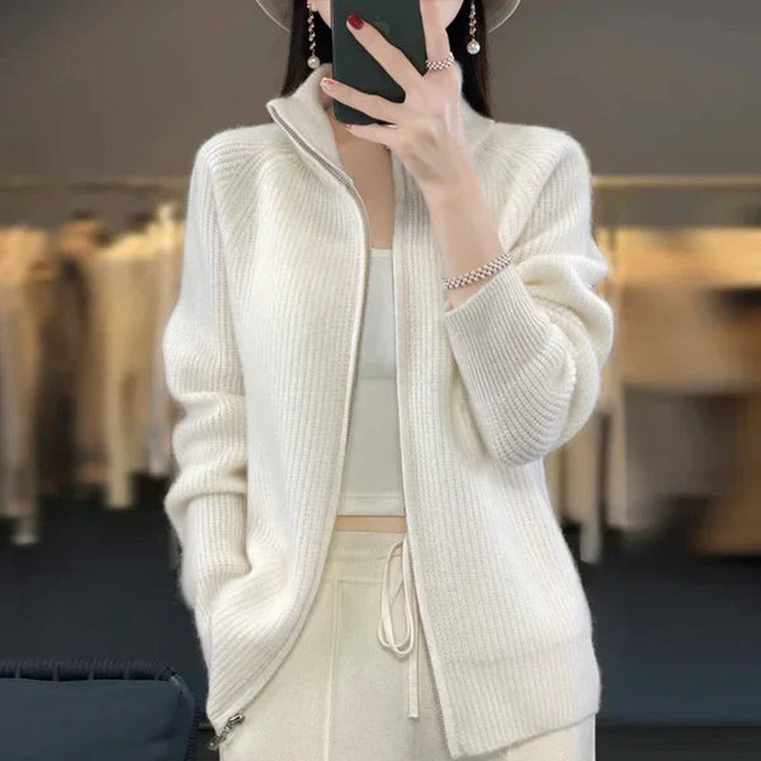 Woman wearing the Sverre women's collared zip-up cardigan, side view