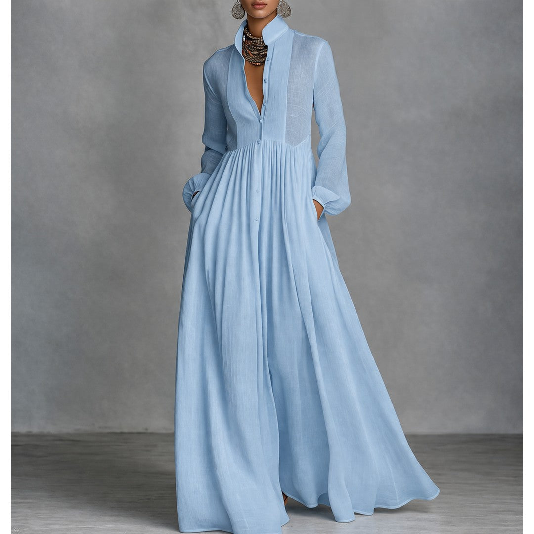 Woman wearing the Tamsin women's maxi elegant dress, back view