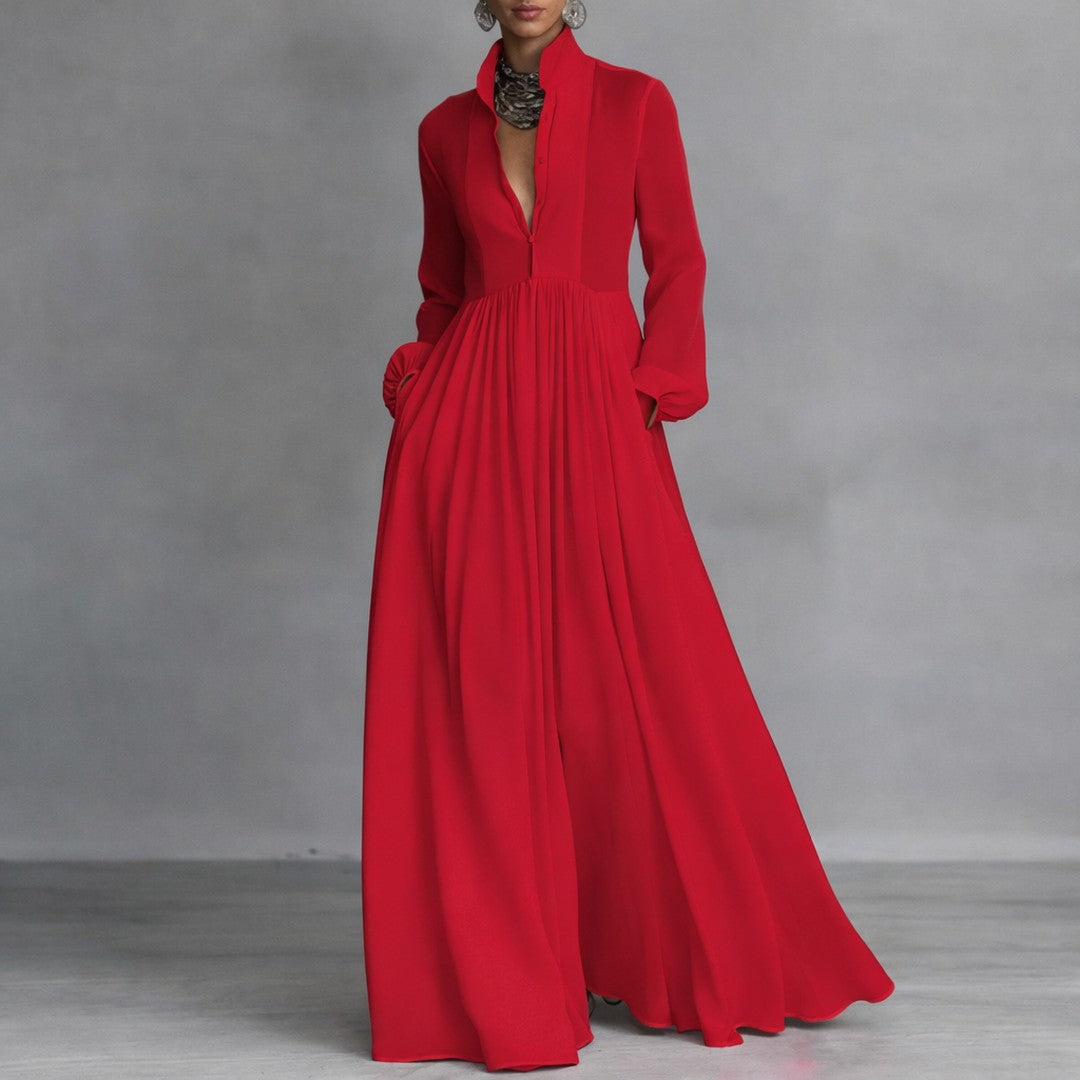 Woman wearing the Tamsin women's maxi elegant dress, detail view
