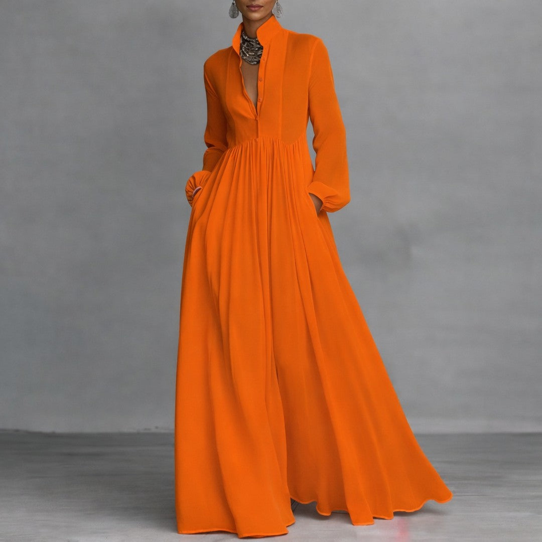 Woman wearing the Tamsin women's maxi elegant dress, flatlay view